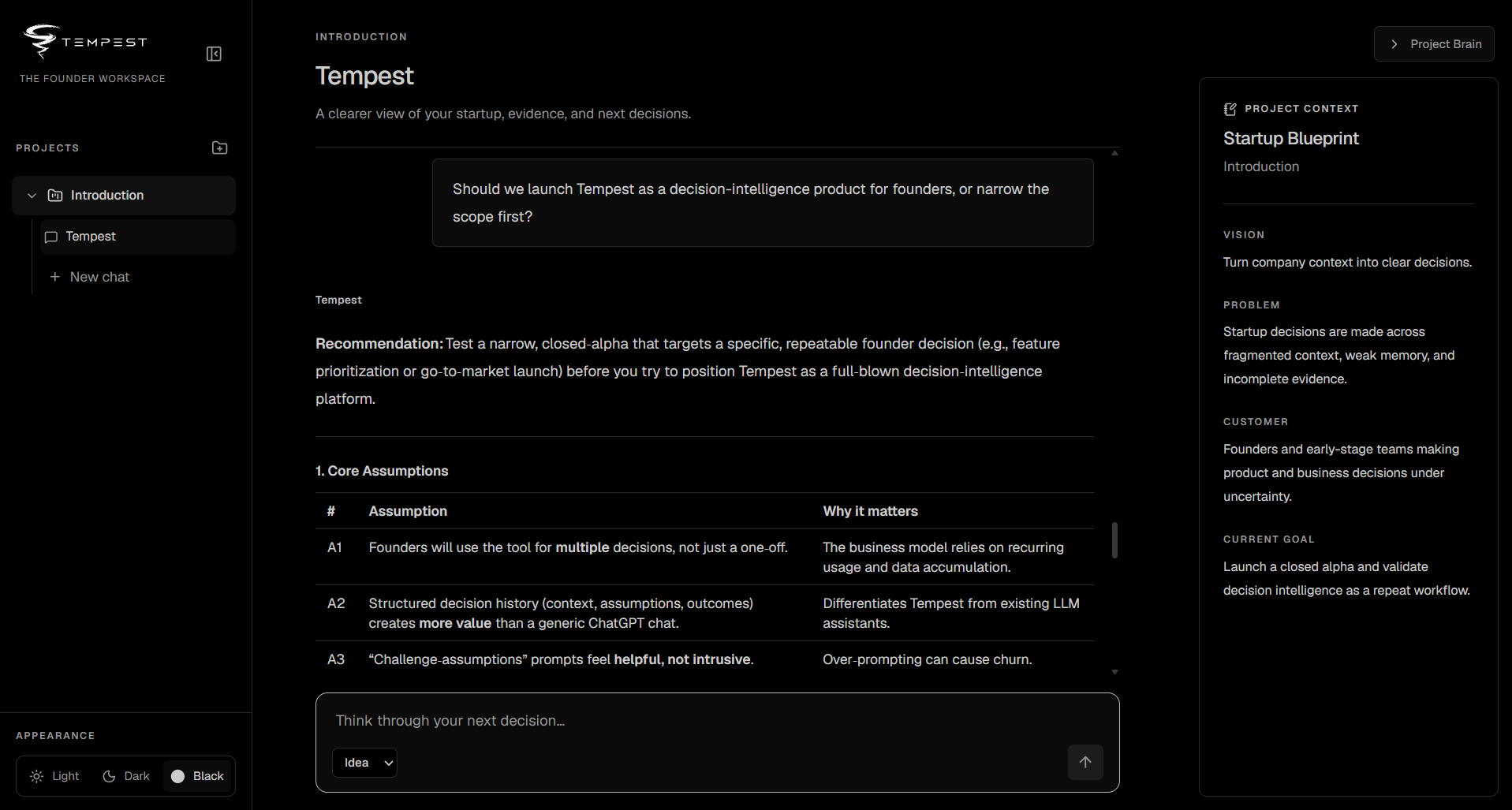 The Tempest workspace: project context in the sidebar, the working conversation in the centre and the startup blueprint on the right